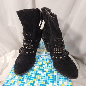 Rouge Black Lami Faux Suede Studded Buckle Booties Size 7-1/2